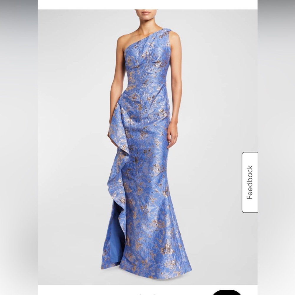 Metallic Jacquard One-Shoulder Side-Ruffle Gown